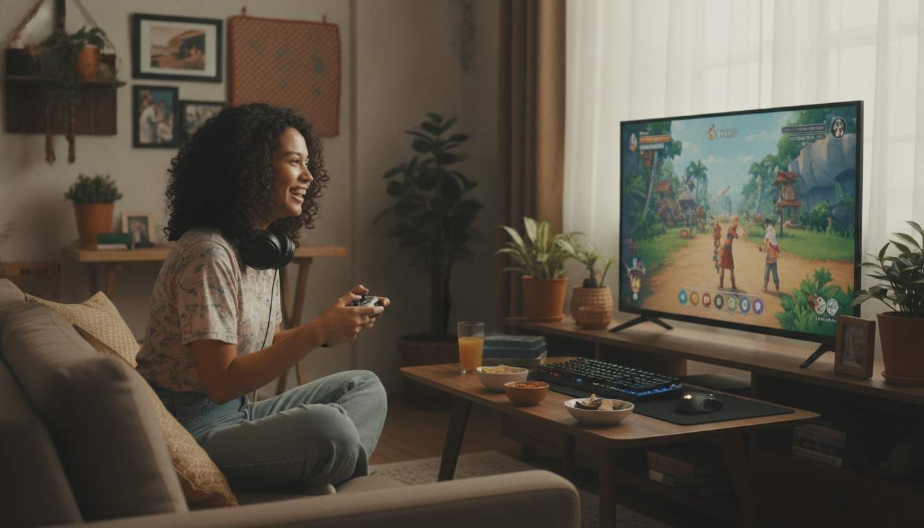 A welcoming image of a woman enjoying gaming