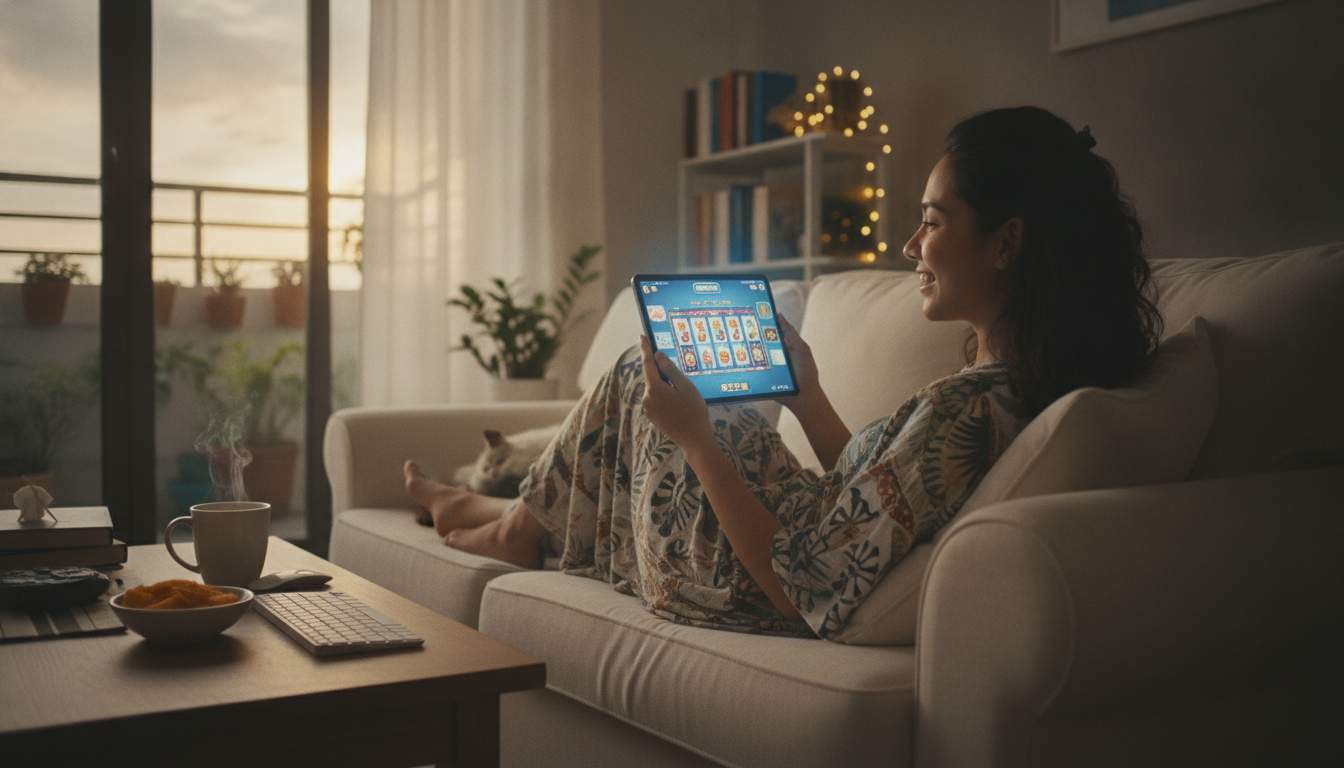 A woman enjoying online slots on her device